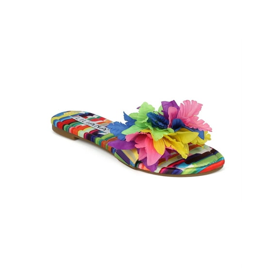 New Women Liliana Carnival-1 3D Flower Decor Open Toe Flat Slide