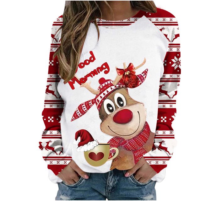 Sudadera de Cuello Redondo de Navidad Para Mujer Moda Casual Manga Larga Estampado Tops Blusa Odeerbi ODB196806