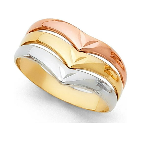 14k Yellow White Rose Gold Three Band Semanario Ring Satin Finish Diamond Cut Tri Color 10MM, Size 7