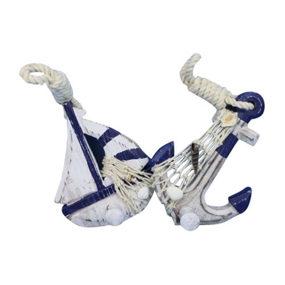 Hampton Nautical Wooden Rustic Blue Sailboat/Anchor Wall Accent with Hook Set, 6"