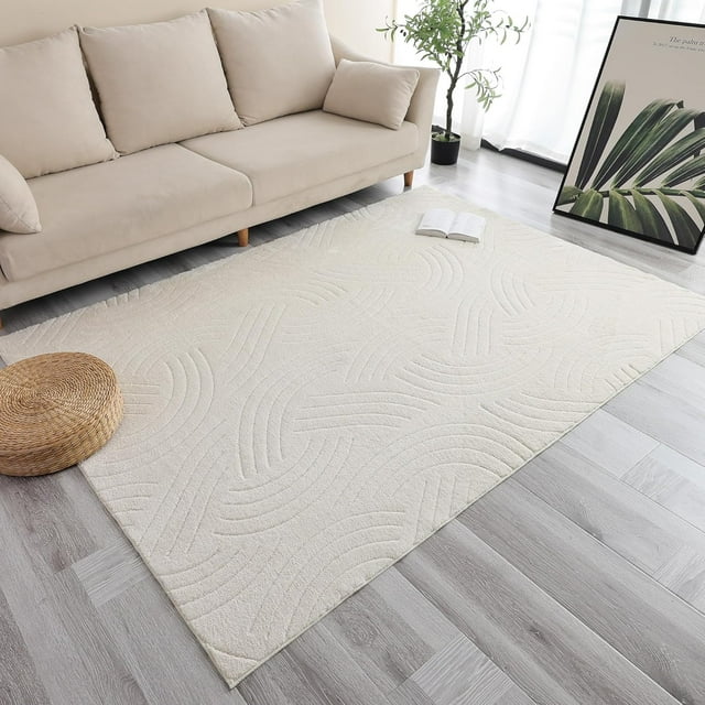 Machine Washable Shag Area Rug x High Low Faux Fur Abstract Crescent Cream Modern Carpet for Living Room & Bedroom Decor Soft Stylish & Durable by (x &#;
