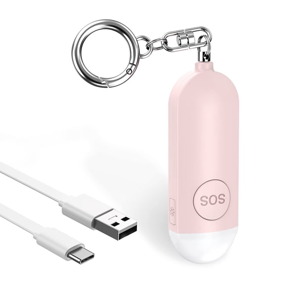 Pocket alarm, personal alarm with strobe LED flash light signal, 130dB siren shrill alarm, USB rechargeable alarm keychain, shrill alarm for women / children / seniors - pink