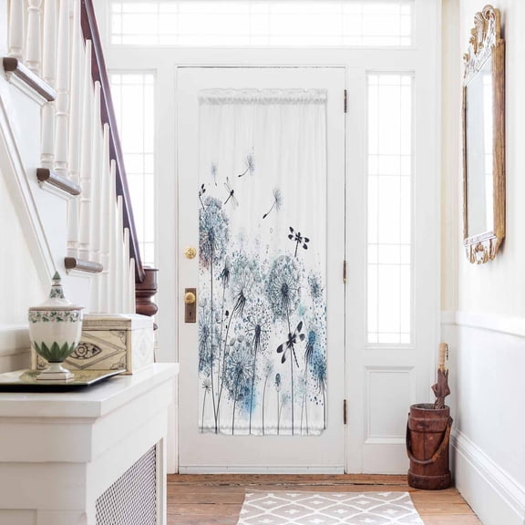 Blue Teal Dandelion Door Curtains for Door Window, French Sidelight Front Back Door Curtains With Tieback, Dragonfly Modern Art Watercolor Kitchen Rod Pocket Drapes Panel, 54"x72"