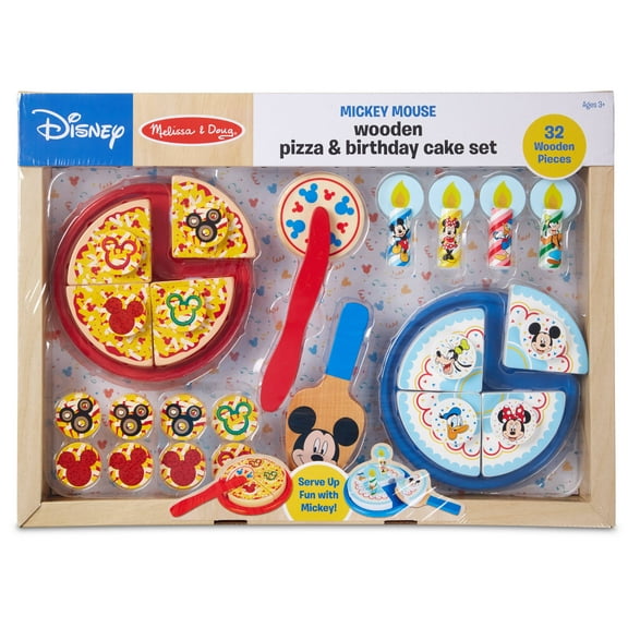 Melissa & Doug Disney Mickey Mouse Wooden Pizza and Birthday Cake Set (32 Pieces, Play Food, Great Gift for Girls and Boys - Best for 3, 4, 5 Year Olds and Up)