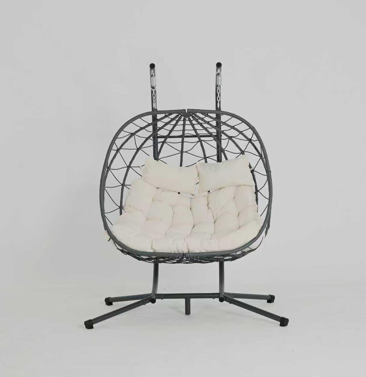 2 Persons Egg Chair with Stand, Indoor Outdoor Swing Chair Patio Wicker Hanging Egg Chair for Bedroom, Beige