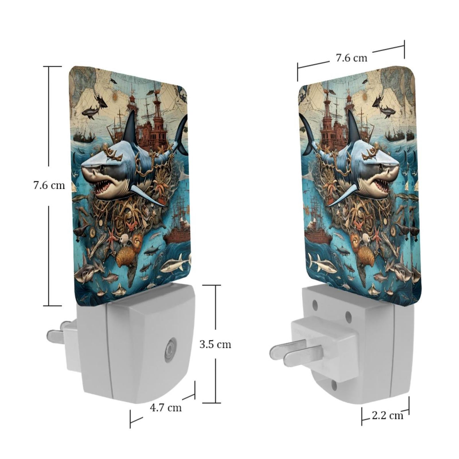 PhooArto Vintage Map Marine Shark Plug in LED Night Light Auto Sensor Dusk to Dawn Decorative Night for Bedroom, Bathroom, Kitchen, Hallway, Stairs, Baby's Room, Energy Saving