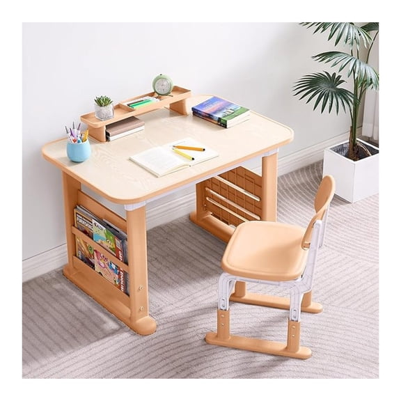 Kids Desk and Chair Set, Height Adjustable Kids Table and Chairs, Study Table for 3-12 Years Boy and Girl, Student Writing Desk with Side Bookshelf and Storage for Bedroom/Study Room/School