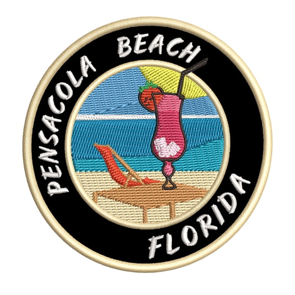Happy Hour! At Pensacola Beach, Florida USA 3.5 Inch Iron Or Sew On Embroidered Fabric Badge Patch Ocean Beach, Salt Life Iconic Series