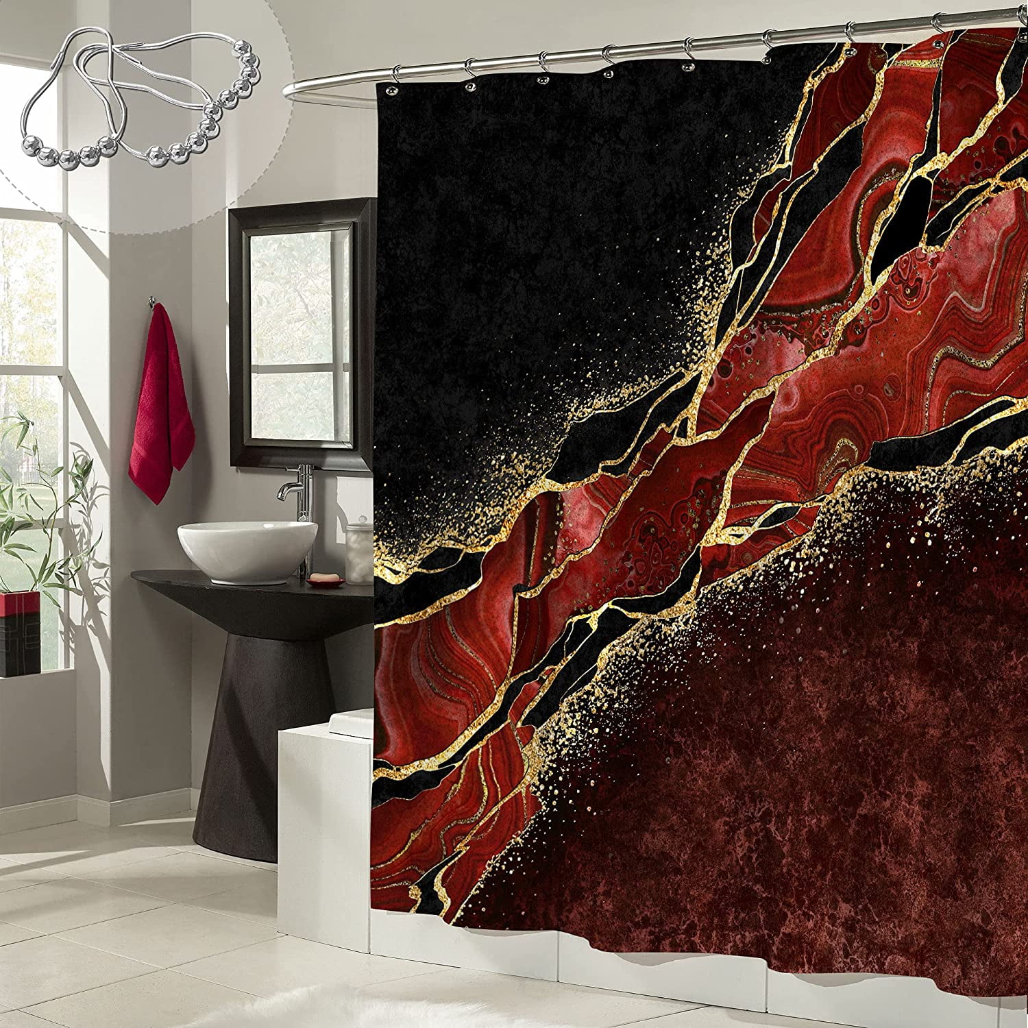 Abstract Red and Black Shower Curtain Liner Waterproof Fabric & Hooks Bathroom 