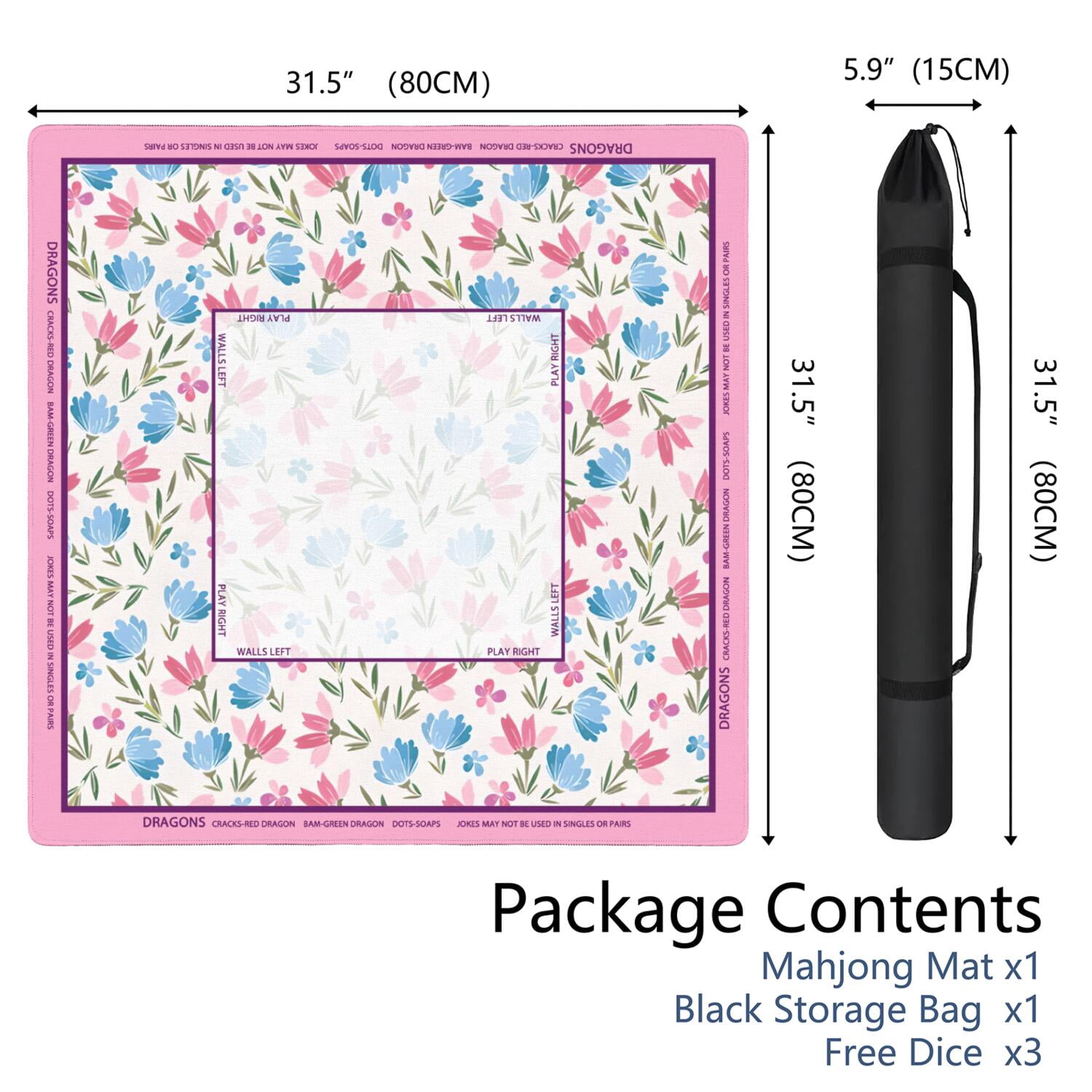 Floral Mahjong Mat with Rules, 31.5*31.5in Anti Slip American Mahjong Mat for Table, Noise Reduction, Neoprene Mah jongg Mats with Carrying Bag & 3 Dices, Mahjong Set Gift, Board Tile Games Mats