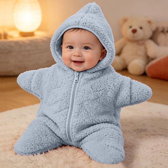 Baby Starfish Onesie, Thick Imitation Fleece Starfish Newborn Romper, Infant Footie Jumpsuit Winter Warm Outfits