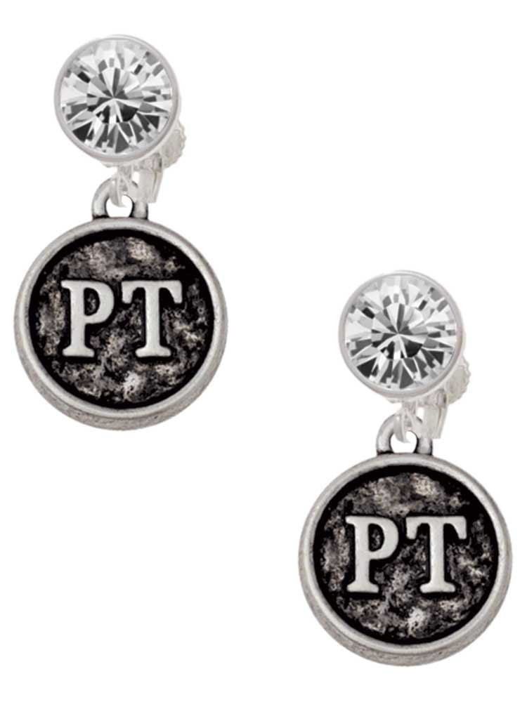 Silvertone Physical Therapist Caduceus Seal PTA Blue Crystal Clip on Earrings 