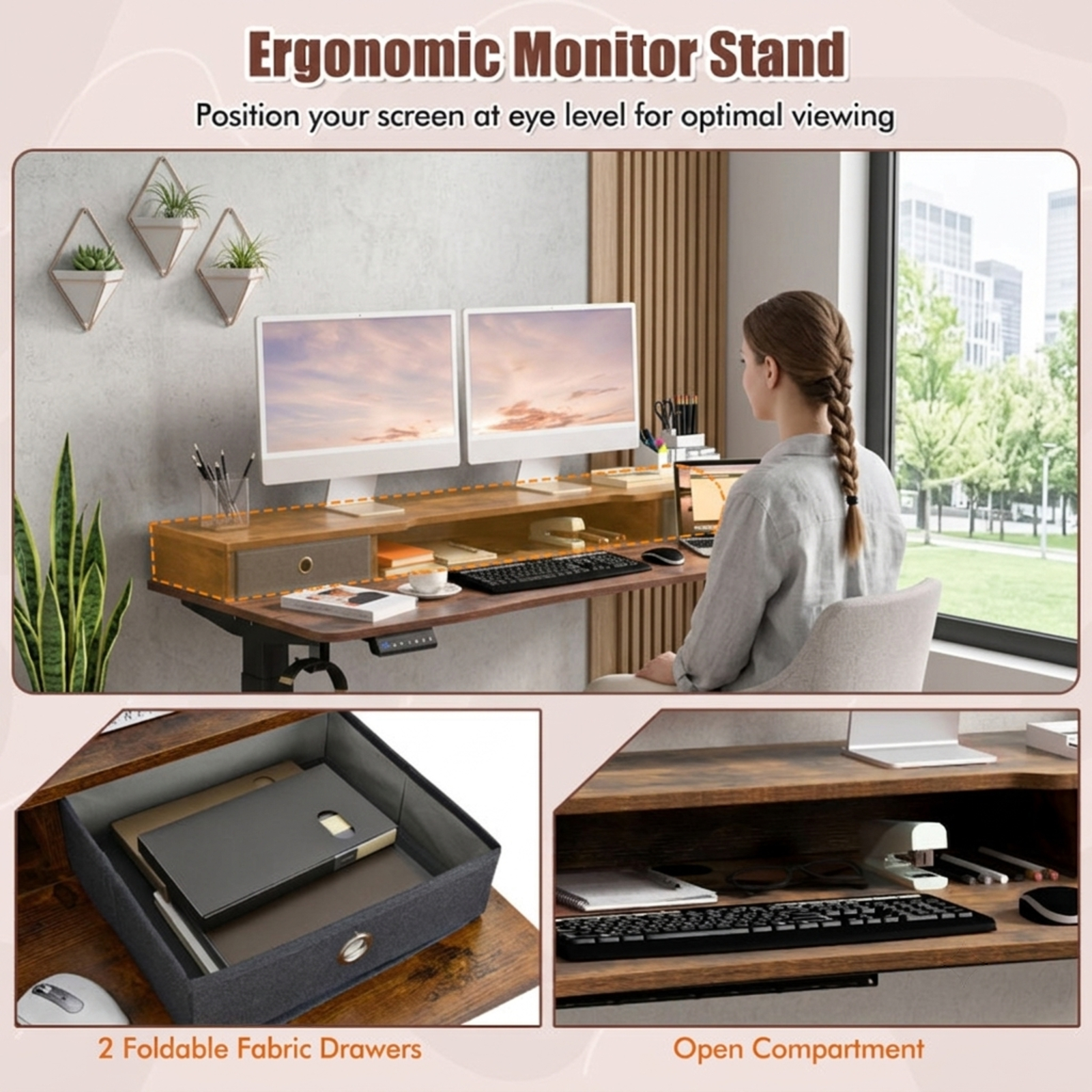 Furnibear 55 x 24 Inch Electric Height Adjustable Standing Desk with 2 Fabric Drawers Monitor Shelf and Cable Management for Home Office, Brown