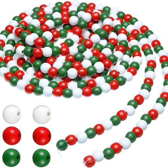 16 Feet Wooden Bead Garland for Christmas Tree,Happon Wood Beaded Christmas Tree Decorations, Farmhouse Decorative Beads Rustic Beaded Garland for Party Holiday Decor Home (Red, White, Green)