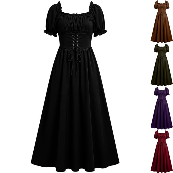 Womens Renaissance Dress Medieval Costume Peasant Wench Flared Midi Dress Lace Up Corset Puff Sleeve Square Neck for Halloween Cosplay, Black, XL