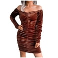 thumbnail image 1 of Gibobby Vestidos de noche cortos Camisas de suéter para mujer Manga larga Ligero Cuello cuadrado Fuera del hombro Vestido de tubo fruncido de color sólido(Marrón,G), 1 of 5