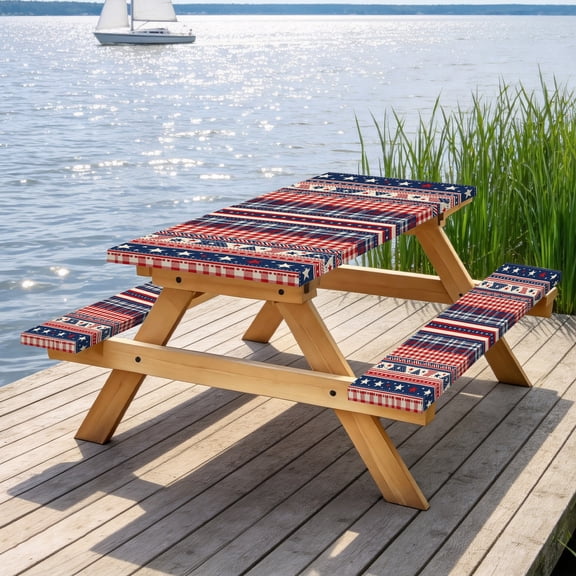 4th of July Patriotic Star Gingham Striped Picnic Table & Bench Cover Set, 3-Piece Waterproof Elastic Slipcover Red White Blue Farmhouse Outdoor BBQ Camping Memorial Day Decor