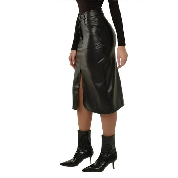 Faux Leather Midi Skirt with Slit