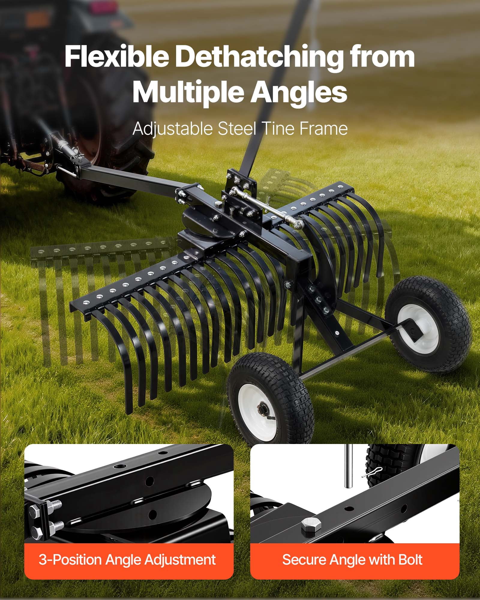VEVOR 48in Landscape Rake, Pull Behind Lawn Rock Rakes for ATV Mower Tractors, 24 Durable Steel Tines, Adjustable Height & Angle, Heavy Duty Dethatcher Rake for Leaves Debris