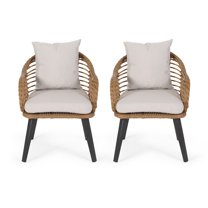 GDF Studio Achill Outdoor Wicker Club Chairs with Cushions, Set of 2, Light Brown, Beige, and Black