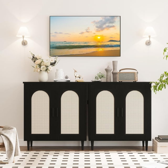 Bingirl Rattan-Accented Sideboard Buffet Cabinet: Solid Wood Feet for Living Room, Hallway - Ample Storage Solution