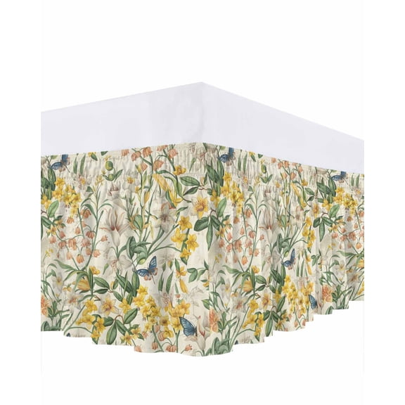 Spring Flower Bed Skirt Queen Size 16 Inch Drop, Oil Painted Yellow White Floral Leaf Butterfly Adjustable Elastic Dust Ruffles Bedskirt for Queen Bed Wrap Around Pleated Mattress Frame Cover