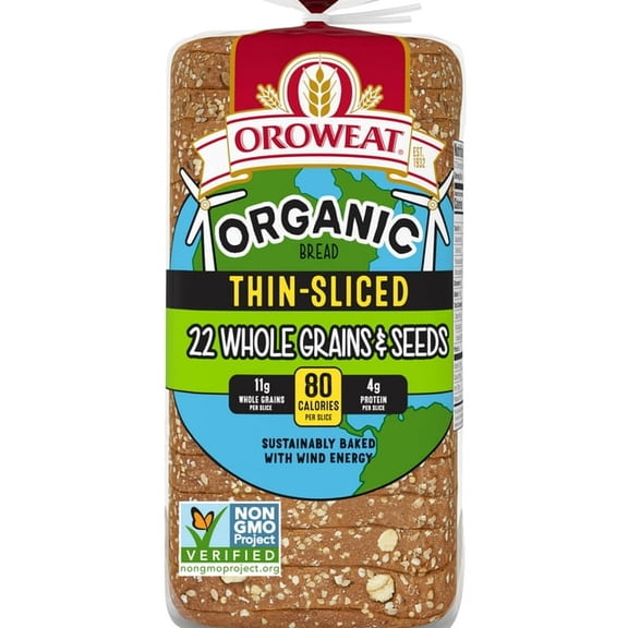 Oroweat Organic 22 Whole Grains & Seeds Bread, 20 oz, Thin Sliced Multigrain Bread, Bag (Pack of 2)