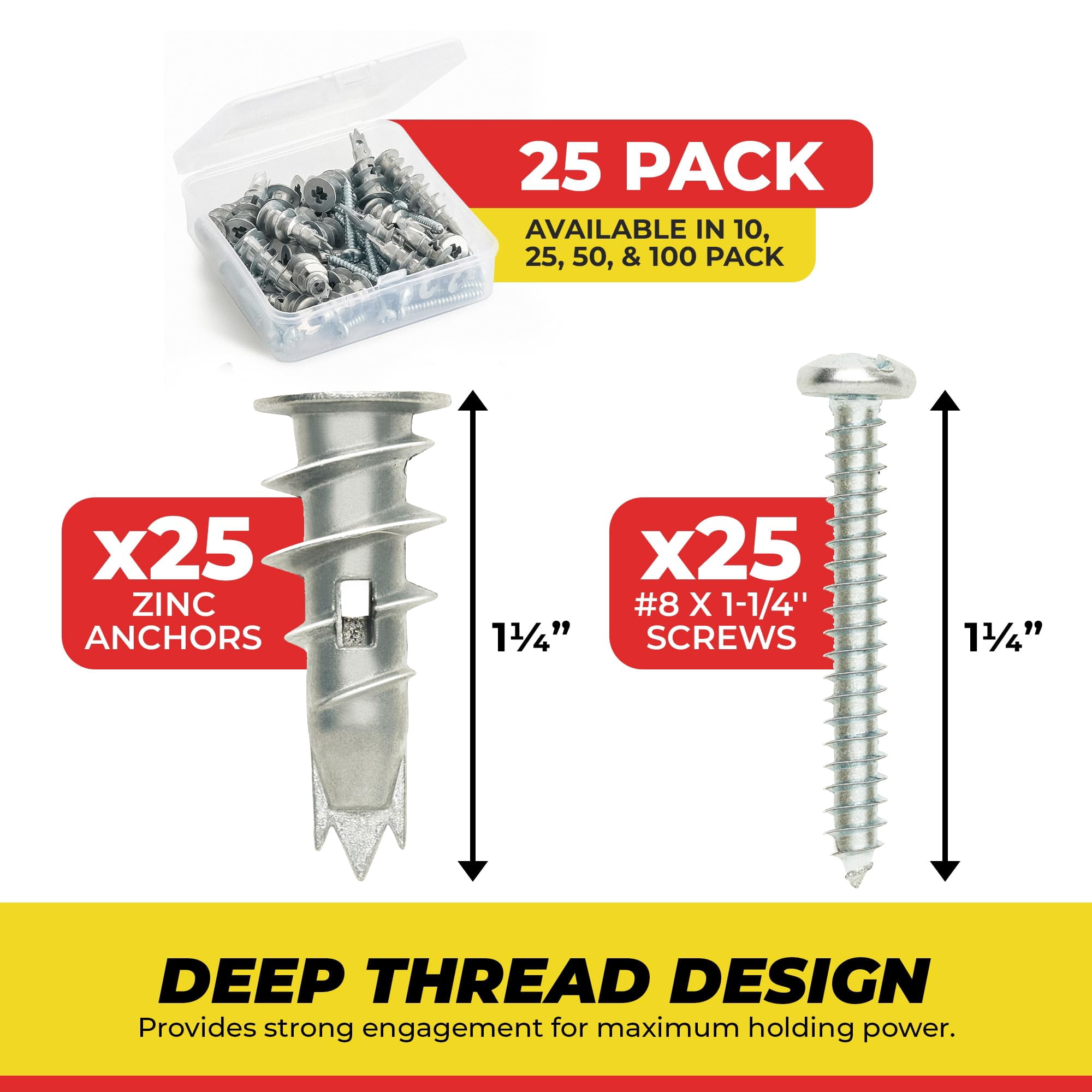 Zinc Self Drilling Drywall Anchor Hollow Wall Anchor Kit with Screws - Metal Self Drilling Drywall Anchors with Wide Screw Fins - #8 Zinc Drywall Anchors Heavy Duty - 50 Pack - 75 Lbs