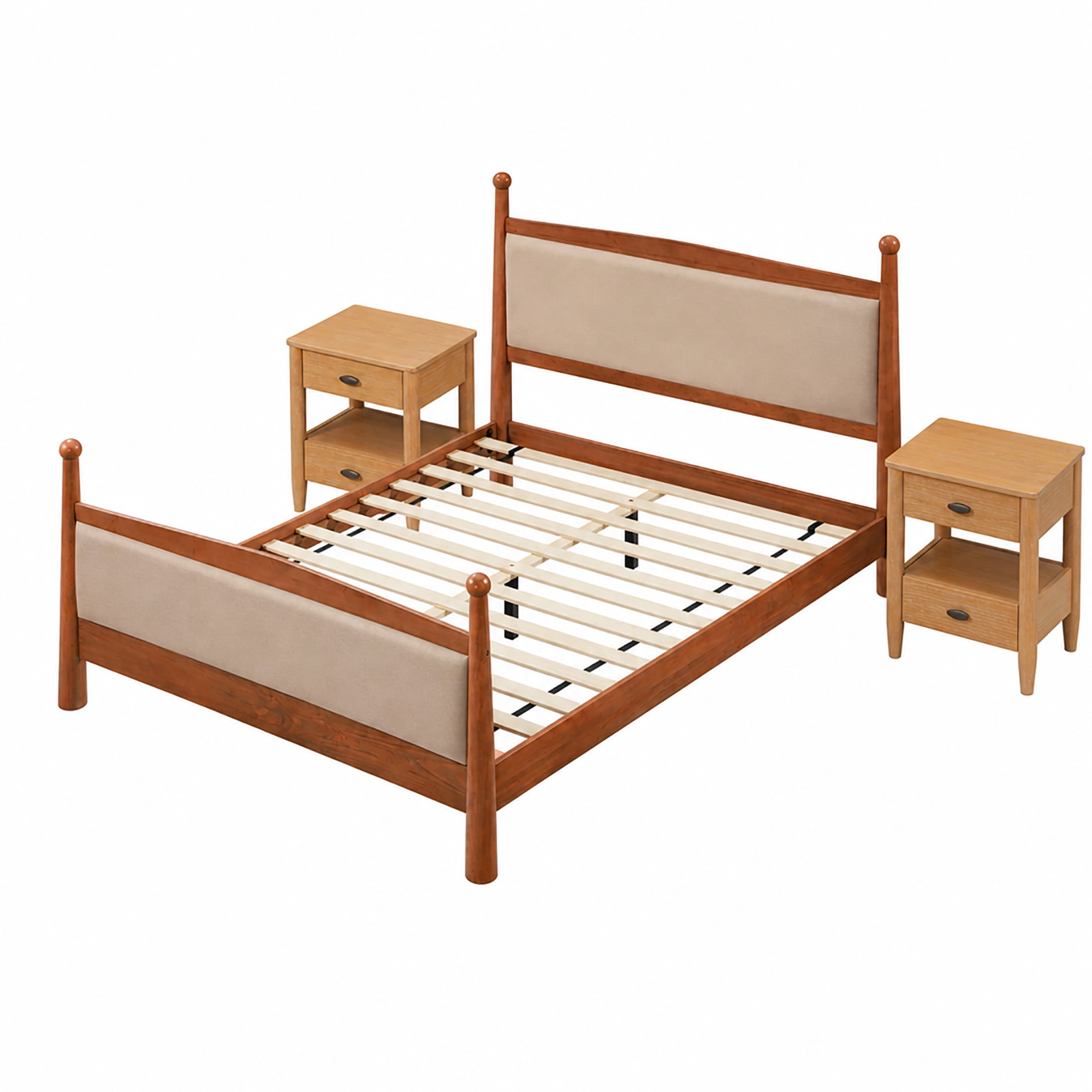 Christopher Knight Home Transitional Bedroom Set, Queen Upholstered Bed with 2 Nightstands, Cherry+Natural