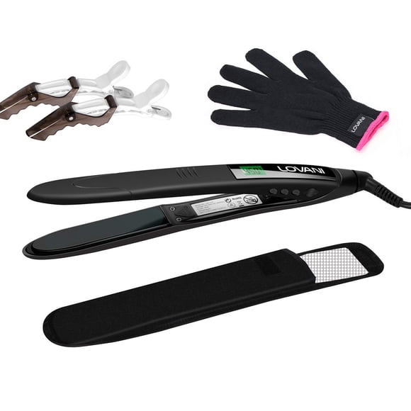 LOVANI Plancha de pelo de titanio 450 F de alto calor con pantalla LCD digital de doble voltaje, apagado automático, bolsa resistente al calor, guante y 2 pinzas para el cabello (juego de 7 piezas), c