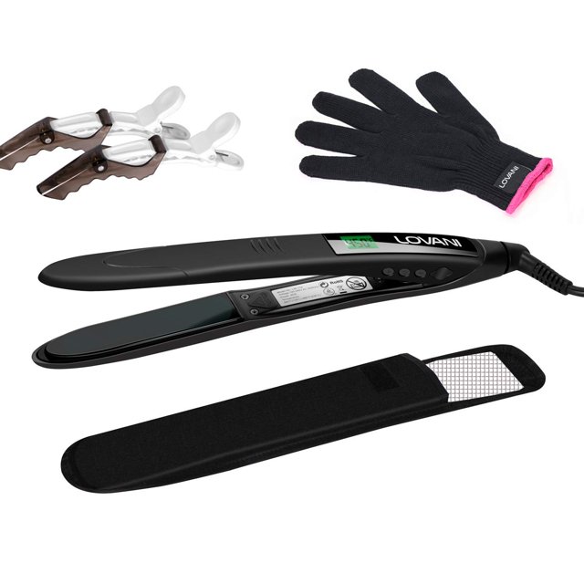 LOVANI Plancha de pelo de titanio 450 F de alto calor con pantalla LCD digital de doble voltaje, apagado automático, bolsa resistente al calor, guante y 2 pinzas para el cabello (juego de 7 piezas), c
