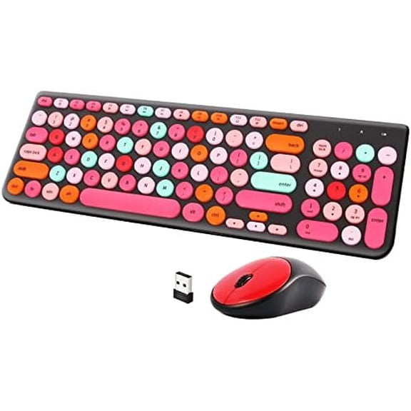 Wireless Keyboard and Mouse Combo, Retro Typewriter Keyboard with Round Keycaps, 2.4GHz USB Cute Wireless Keyboard Mouse for Computer, Desktop, Laptop and Computer (Black-Colorful)