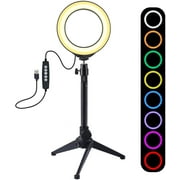 Ring Light, 10 Brightness Levels, 8 Colour 4.7 inch RGBW Dimmable LED Ring Light kit with Desktop Tripod Mount and Cold Shoe Tripod Ball Head for Selfie, Makeup, YouTube Video