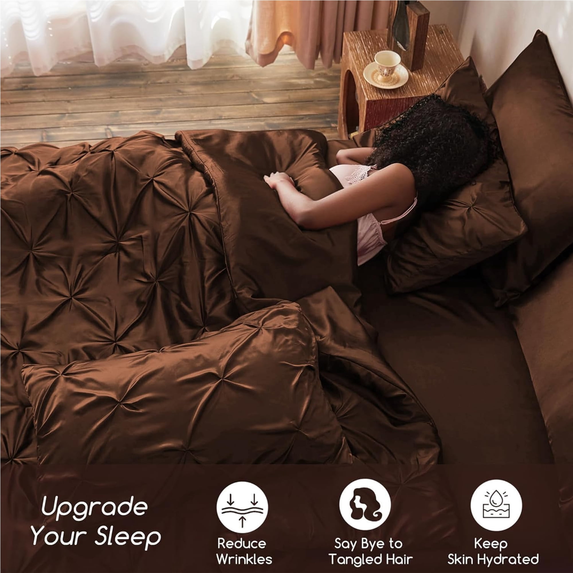 MR&HM Satin Comforter Set Full Size 7 Pieces - Luxurious Pinch Pleat Bedding Set, Silky Full Comforter, Flat Sheet, Deep Pocket Fitted Sheet with Corner Straps, Satin Pillowcases & Shams (Brown)