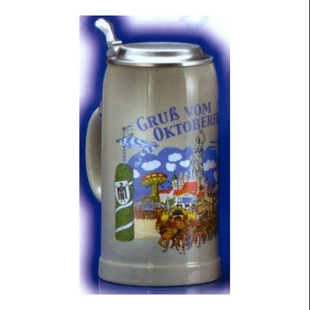 German 1 Liter Oktoberfest Stoneware Beer Mug with Pewter Lid