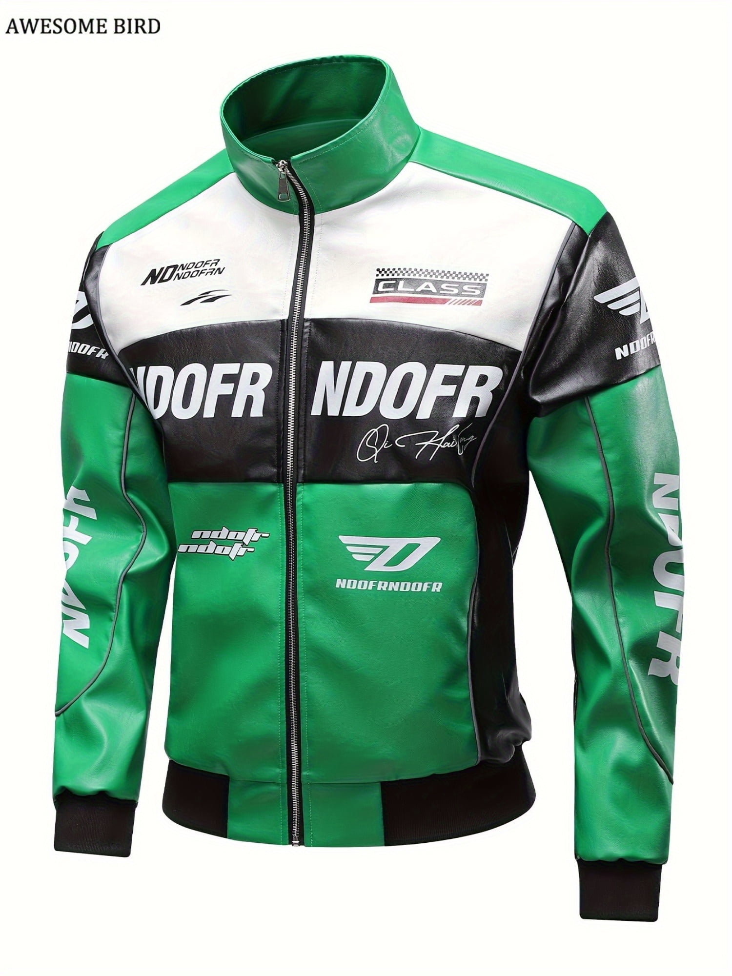 Men's Racing Style Zip Jacket - Green & Black Color-Blocking