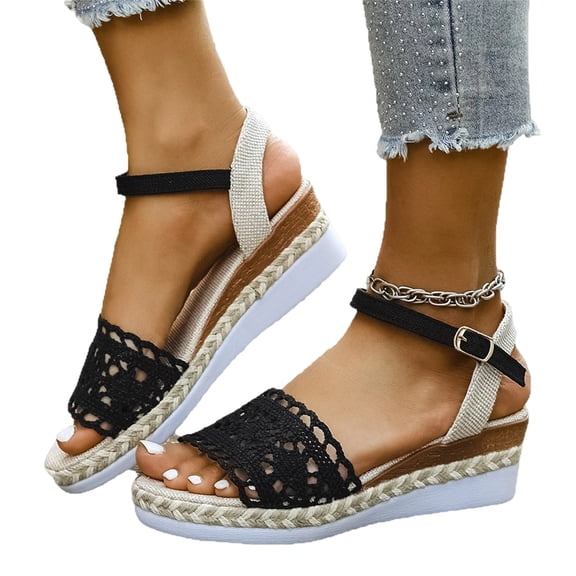 YOUYEDIAN Womens Orthopedic Sandals Arch Support Flat Wedge Sandals Wide Width Non Slip Slip on Sneakers Comfortable 2026 Foam Shoes (Black)