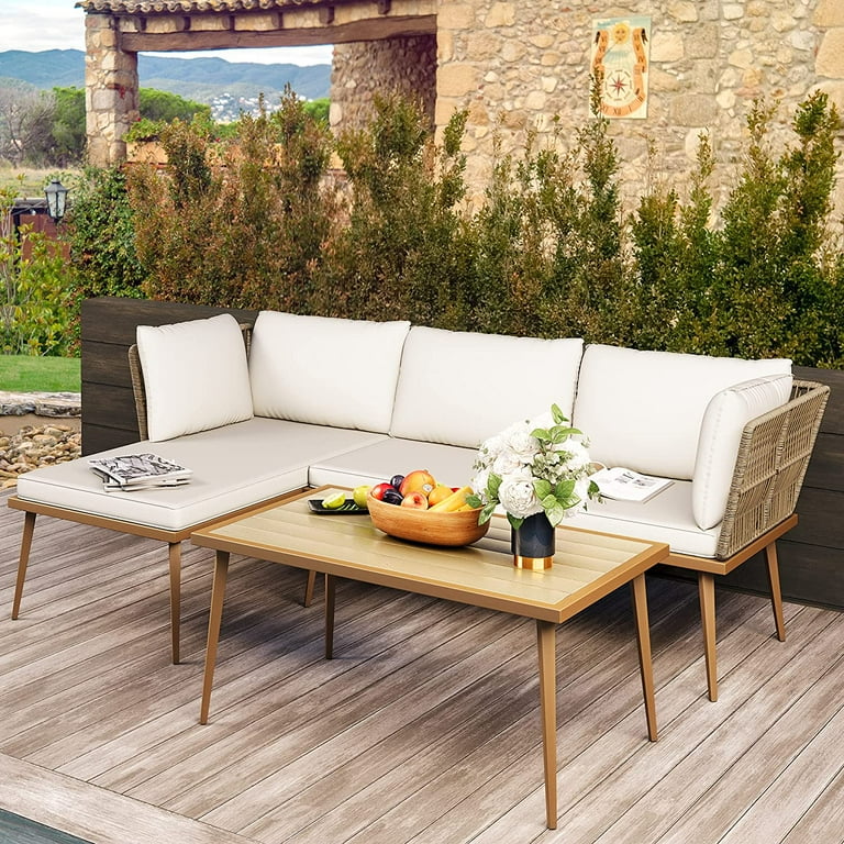 DWVO Outdoor Rattan Woven Patio Furniture Set 3 Piece L Shaped Couch Loveseat with Cushions and Side Table Beige Walmart