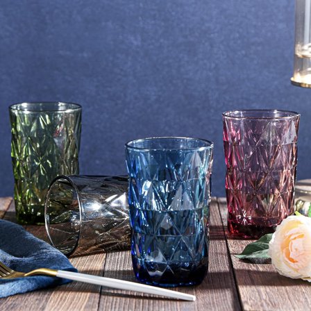 Set of 4modern glassware diamond patterned glasses for water, cocktails, milk, juices and drinks