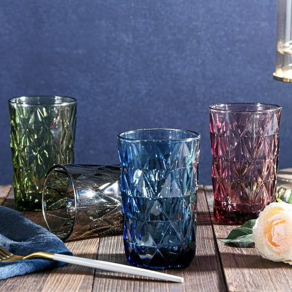 Set of 4modern glassware diamond patterned glasses for water, cocktails, milk, juices and drinks
