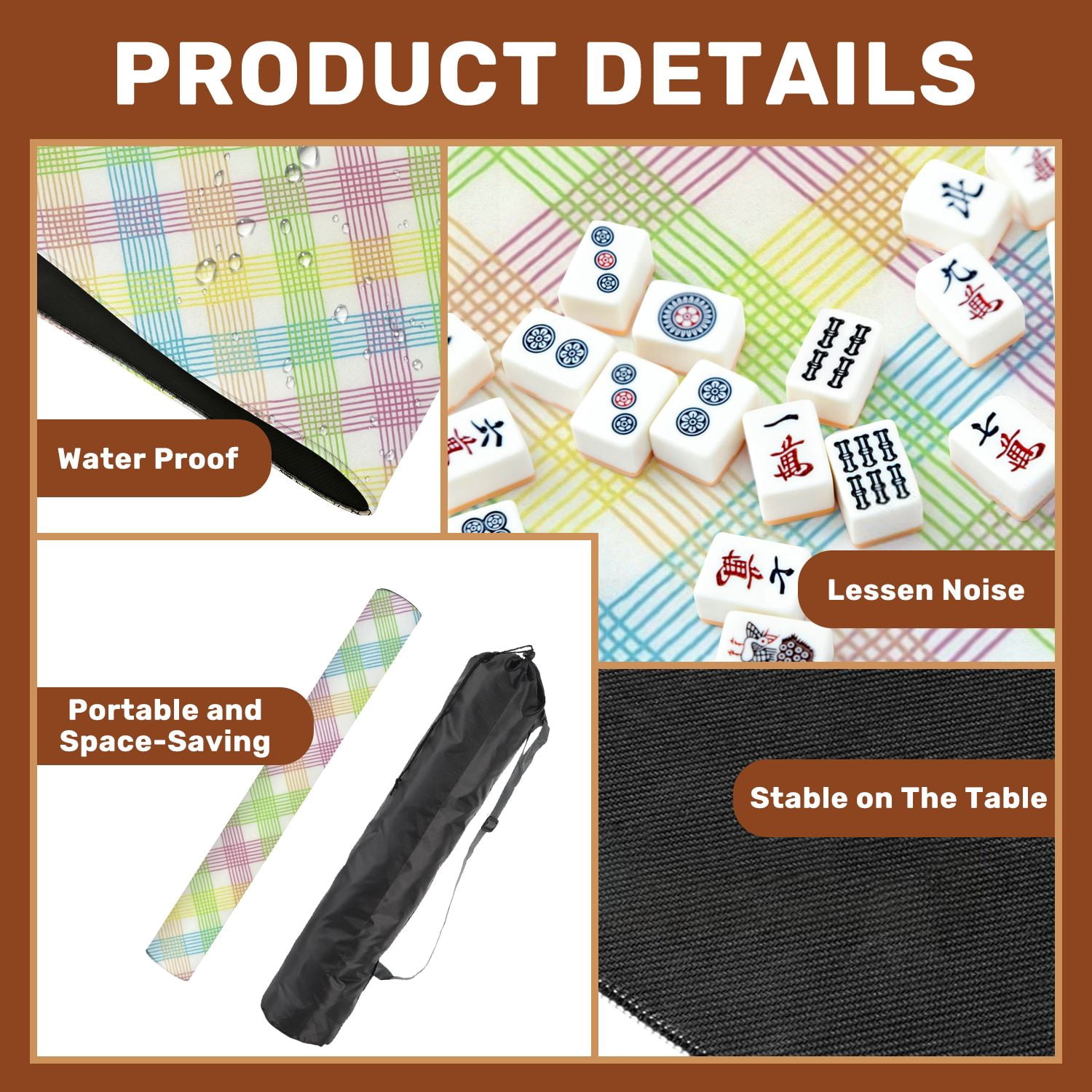 Mahjong Mat 31.5" x 31.5" Colorful Plaid Soft Pastel Hues Green Blue Purple Yellow Non-Slip Noise Reduction American Mahjong Tiles Table Cover for Dominoes Poker Card Board Games Gift