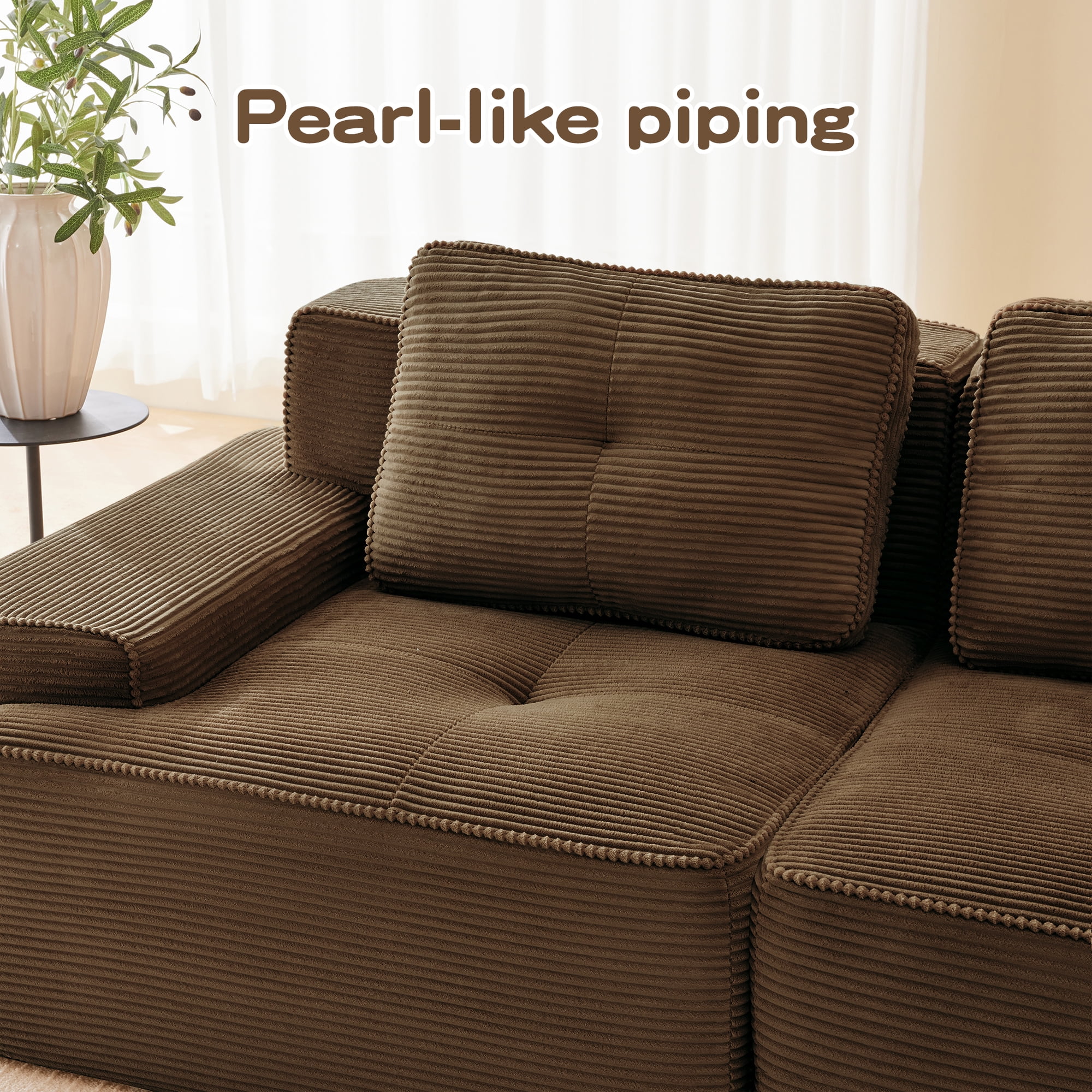 Aukfa 5-Piece Tufted Modular Corduroy Sectional Sofa with Ottoman for Living Room, 128.5" Width 4-Seat Sofa, Brown
