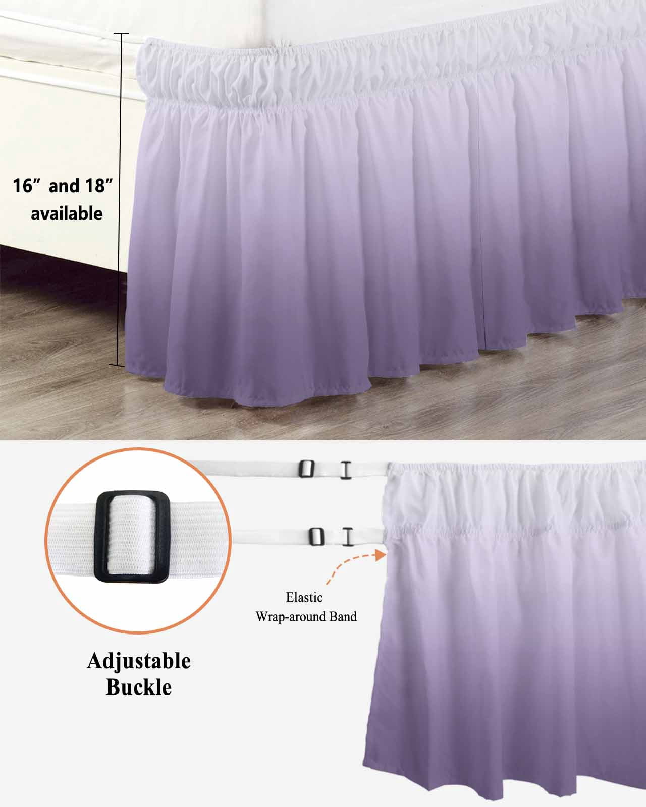 Purple Gradient Bed Skirt Queen Size 16" Drop Ruffled Wrap Around Bed Skirts Adjustable Elastic Bedskirt Dust Ruffle for Queen Size Bed