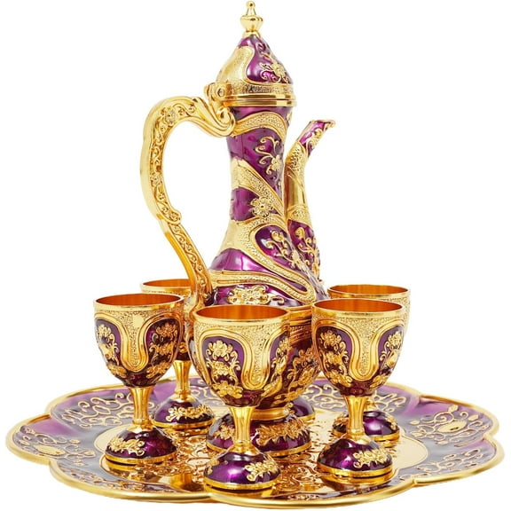 Turkish Tea Set for Adults, Vintage Tea Set Turkish Tea Cups Turkish Tea Kettle Turkish Coffee Set with 1 Tray 1 Teapot and 6 Teacups, Tea Set for Adults Home Decor Birthday Christmas (Purple, Gold)