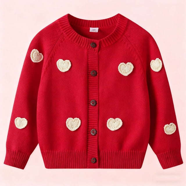 Blusas y camisas de manga larga con cuello redondo Cárdigan de punto de polar de manga larga con corazón pequeño bordado para niños Suéter de cuello redondo de manga larga para niñas Top de poliéster