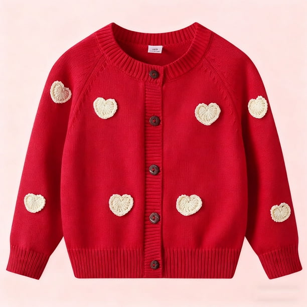 Blusas y camisas de manga larga con cuello redondo Cárdigan de punto de polar de manga larga con corazón pequeño bordado para niños Suéter de cuello redondo de manga larga para niñas Top de poliéster