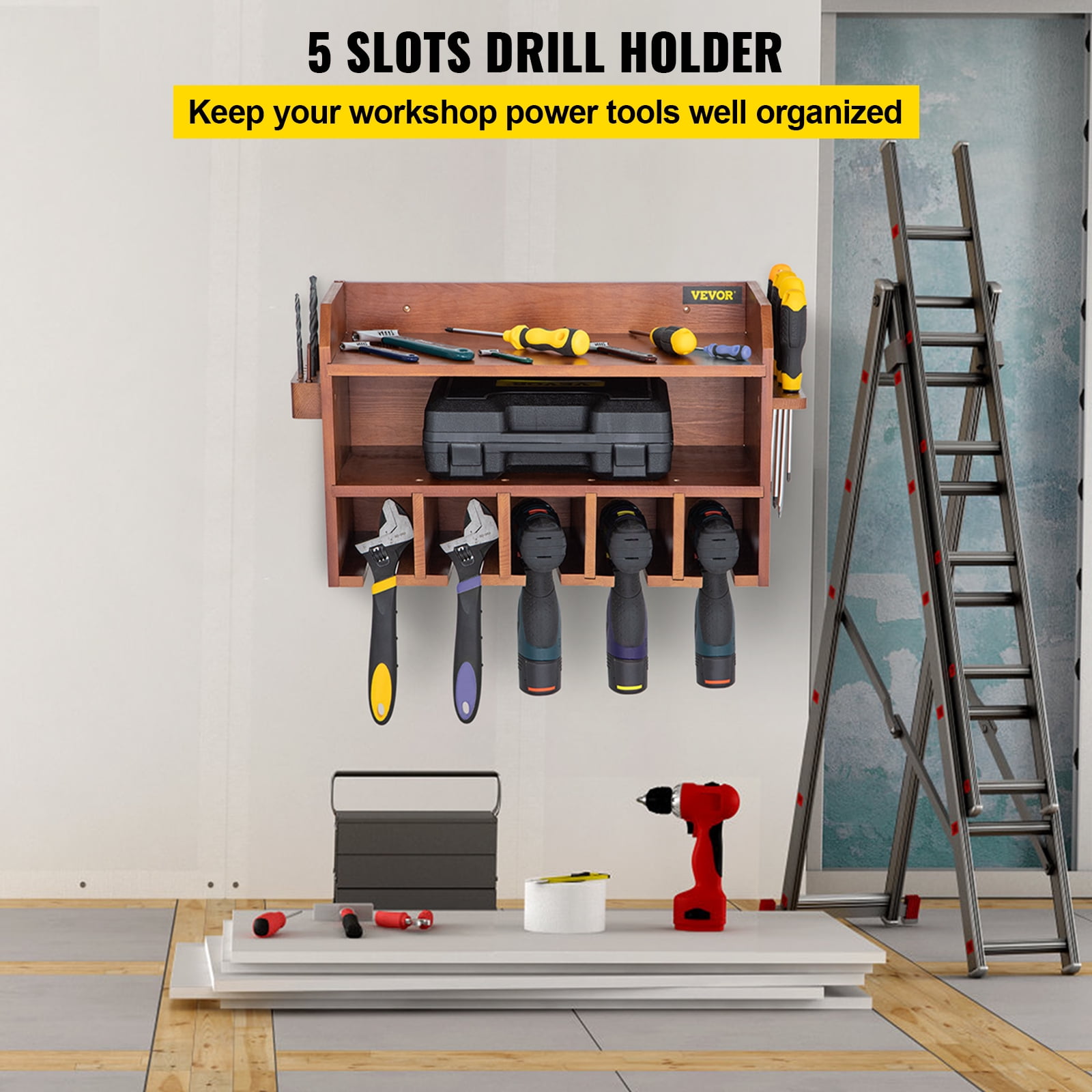 VEVOR Power Tool Organizer Wall Mount Drill Holder 5 Drill Hanging Slots Drill Charging Station 2 Shelf Cordless Drill Storage Polished Wooden Toolbox for Saw Wrench Screwdriver Drill Brown Walmart ...
