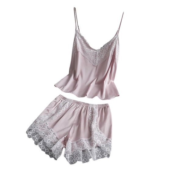 Vhkiploz 2Pcs Summer Lace Sleepwear Sets Pajamas for Women's V-Neck Sleeveless Spaghetti Straps Stretchy Blouse and Shorts Solid Color Daily Nightwears