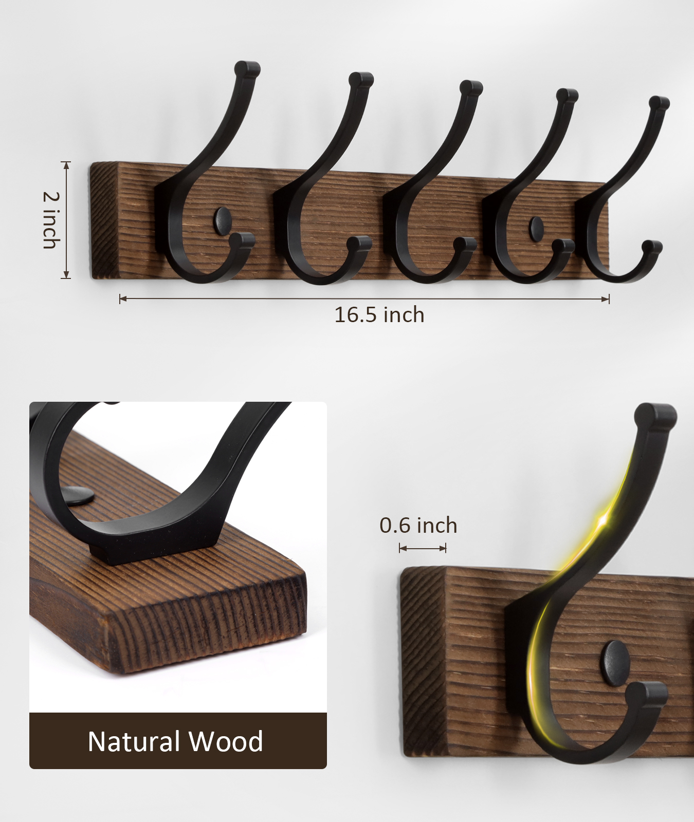Optish 2 Pack Wood Wall Mount Coat Hooks with 5 Hooks photo 5
