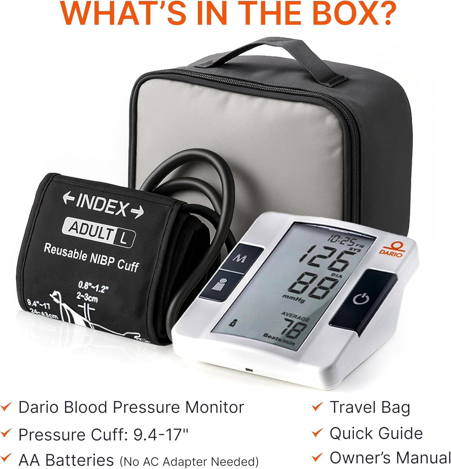 Dario Upper Arm Blood Pressure Monitor, Bluetooth App, Large Cuff 9.4–17 in, Carrying Bag & Batteries